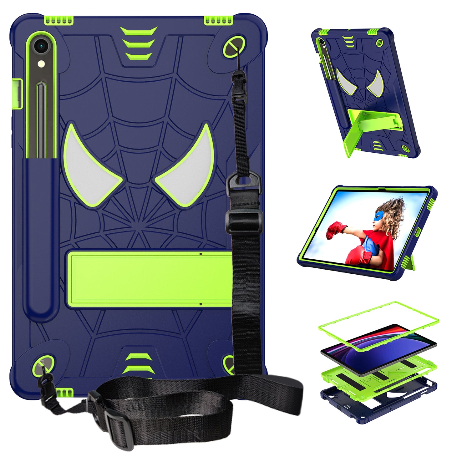 For Samsung Galaxy Tab S9 / Tab S9 FE Spider Web Tablet Case Kickstand Cover - Navy Blue+Yellow Green