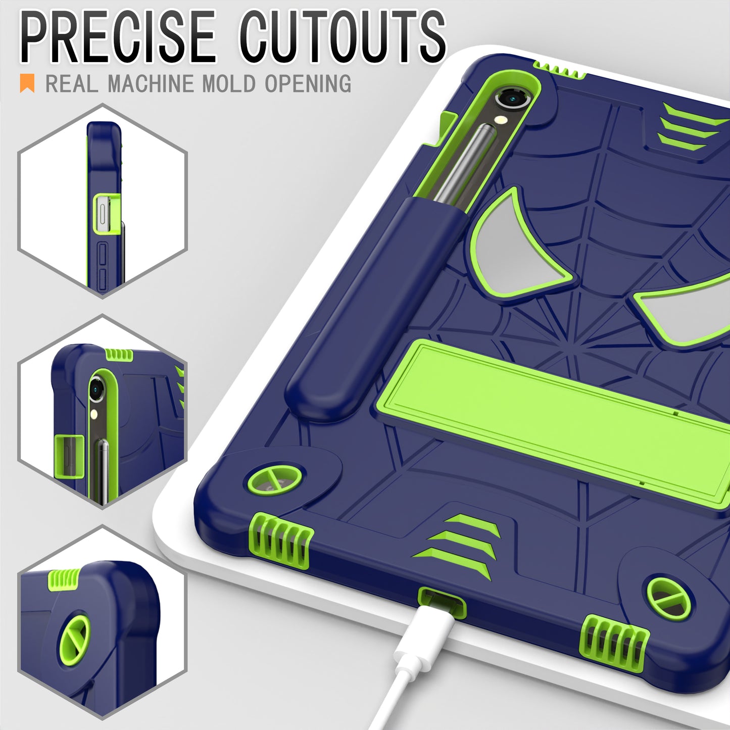 For Samsung Galaxy Tab S9 / Tab S9 FE Spider Web Tablet Case Kickstand Cover - Navy Blue+Yellow Green