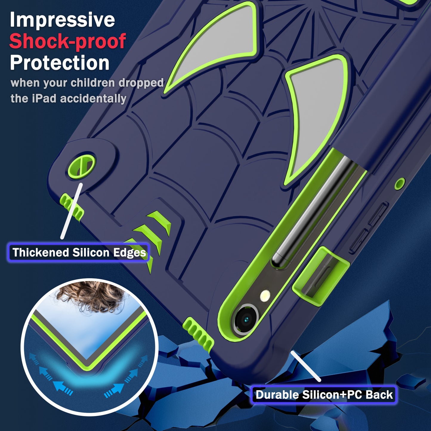 For Samsung Galaxy Tab S9 / Tab S9 FE Spider Web Tablet Case Kickstand Cover - Navy Blue+Yellow Green