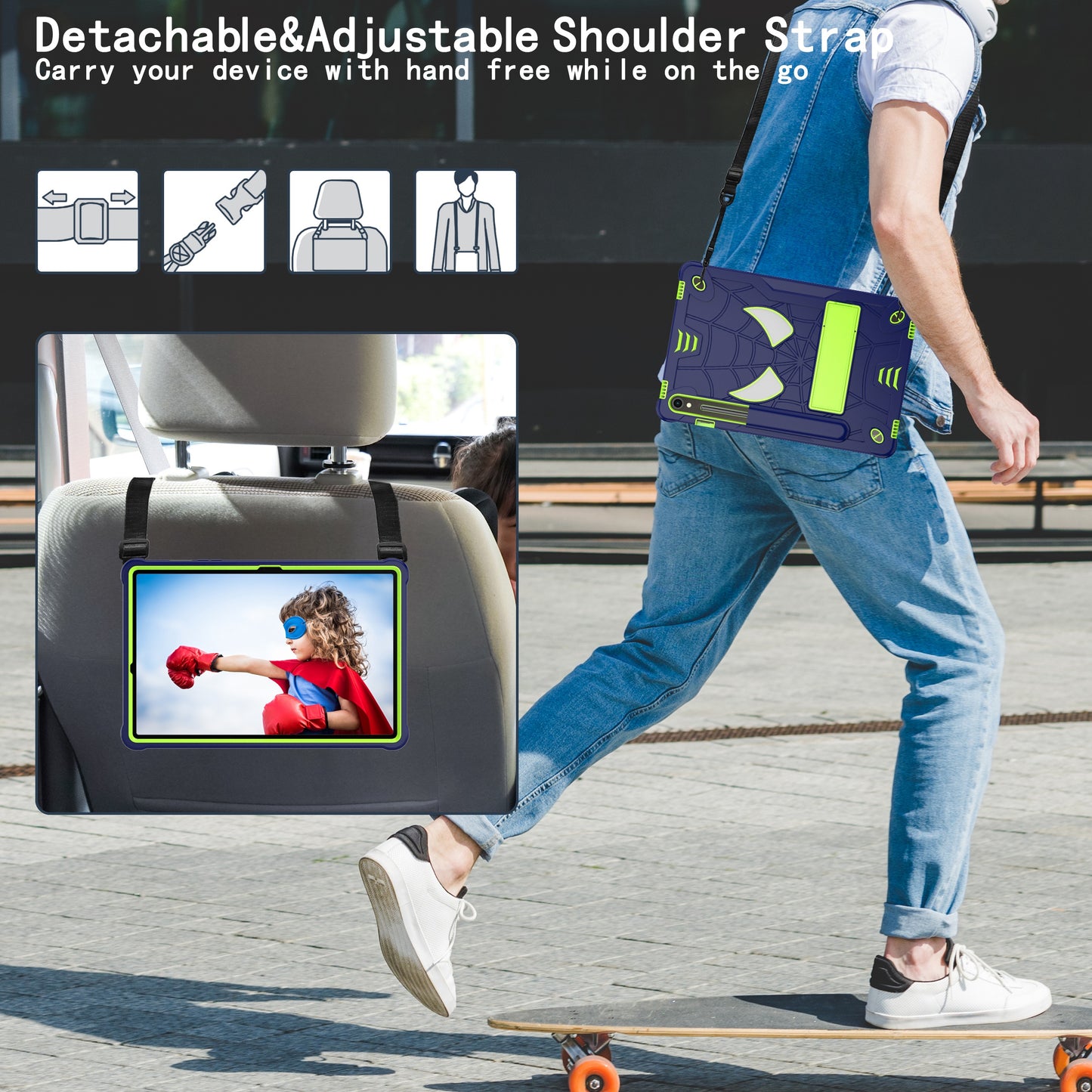 For Samsung Galaxy Tab S9 / Tab S9 FE Spider Web Tablet Case Kickstand Cover - Navy Blue+Yellow Green