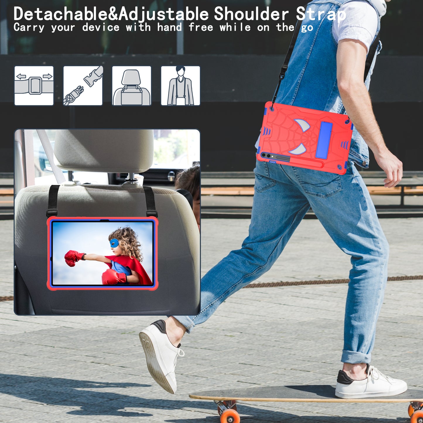 For Samsung Galaxy Tab S9+ / Tab S9 FE+ Kickstand Tablet Case Spider Style Shockproof Cover - Red+Blue