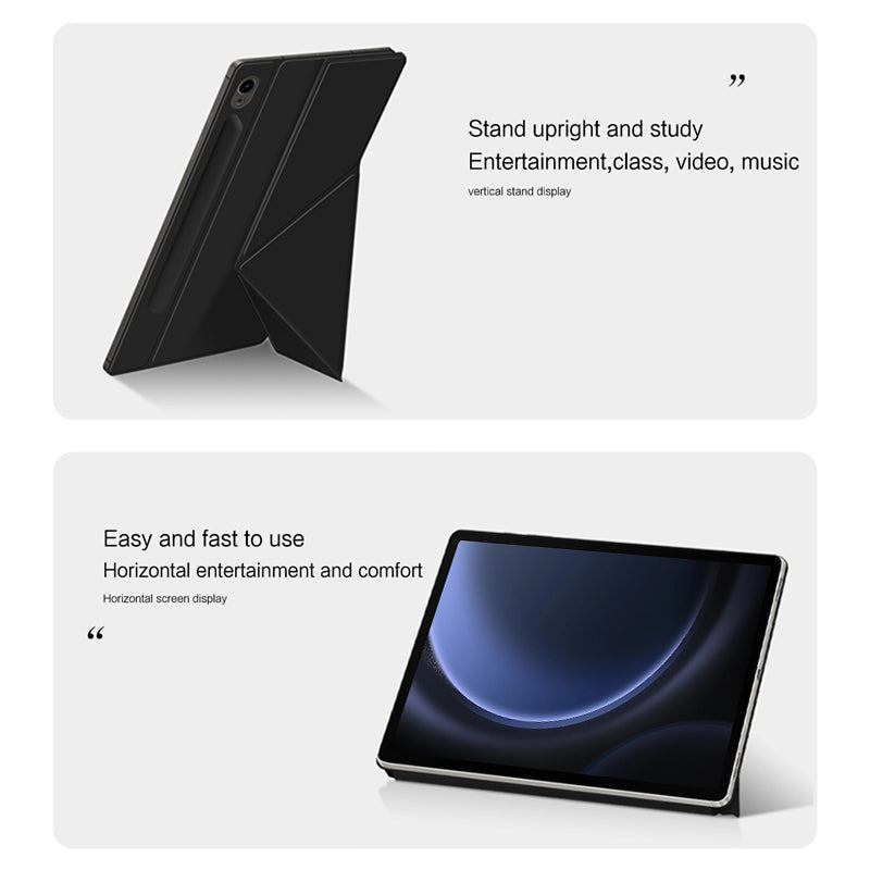 For Samsung Galaxy Tab S9 FE Case Magnetic V-fold Stand Tablet Cover with Auto Sleep / Wake - Black