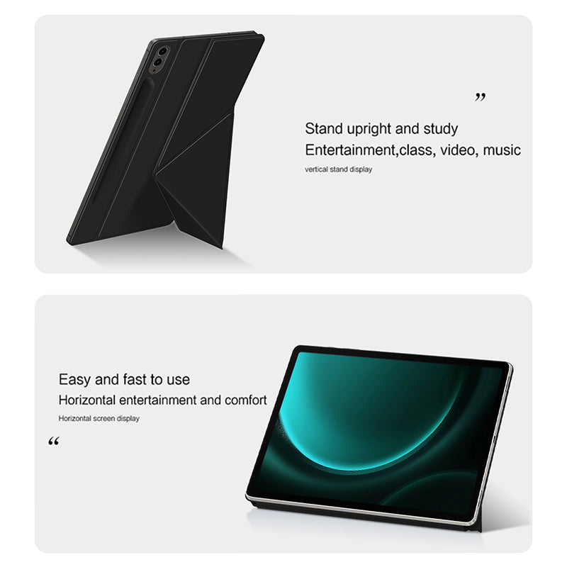 For Samsung Galaxy Tab S9 FE+ Case Magnetic PU Leather+PC Anti-scratch V-fold Stand Tablet Cover - Black