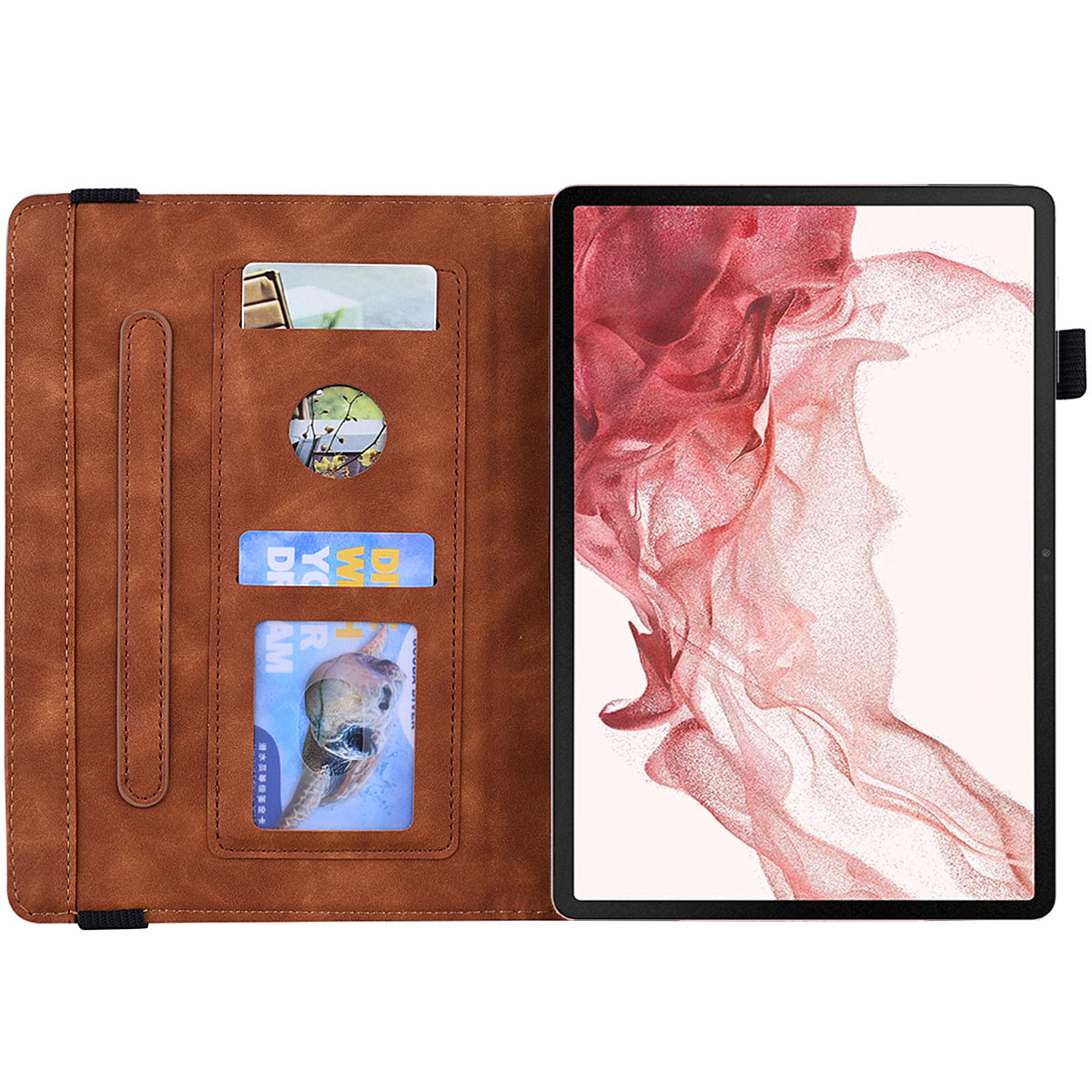 For Samsung Galaxy Tab S9 FE+ Tablet Case Card Slots Leather Cover Flower Pattern - Brown