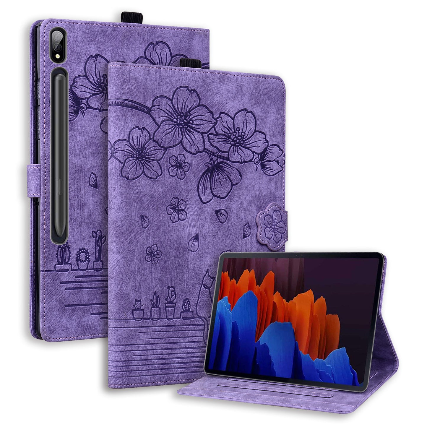 For Samsung Galaxy Tab S9 FE+ Leather Tablet Case Flower Cat Pattern Card Slots Cover - Purple