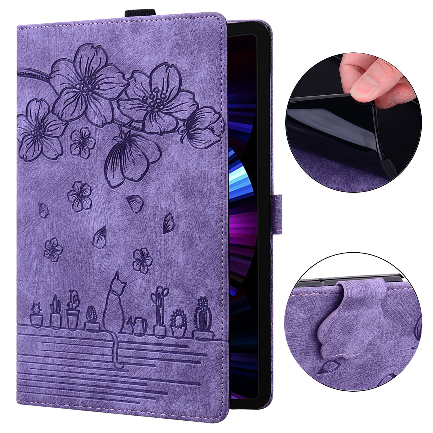 For Samsung Galaxy Tab S9 FE+ Leather Tablet Case Flower Cat Pattern Card Slots Cover - Purple