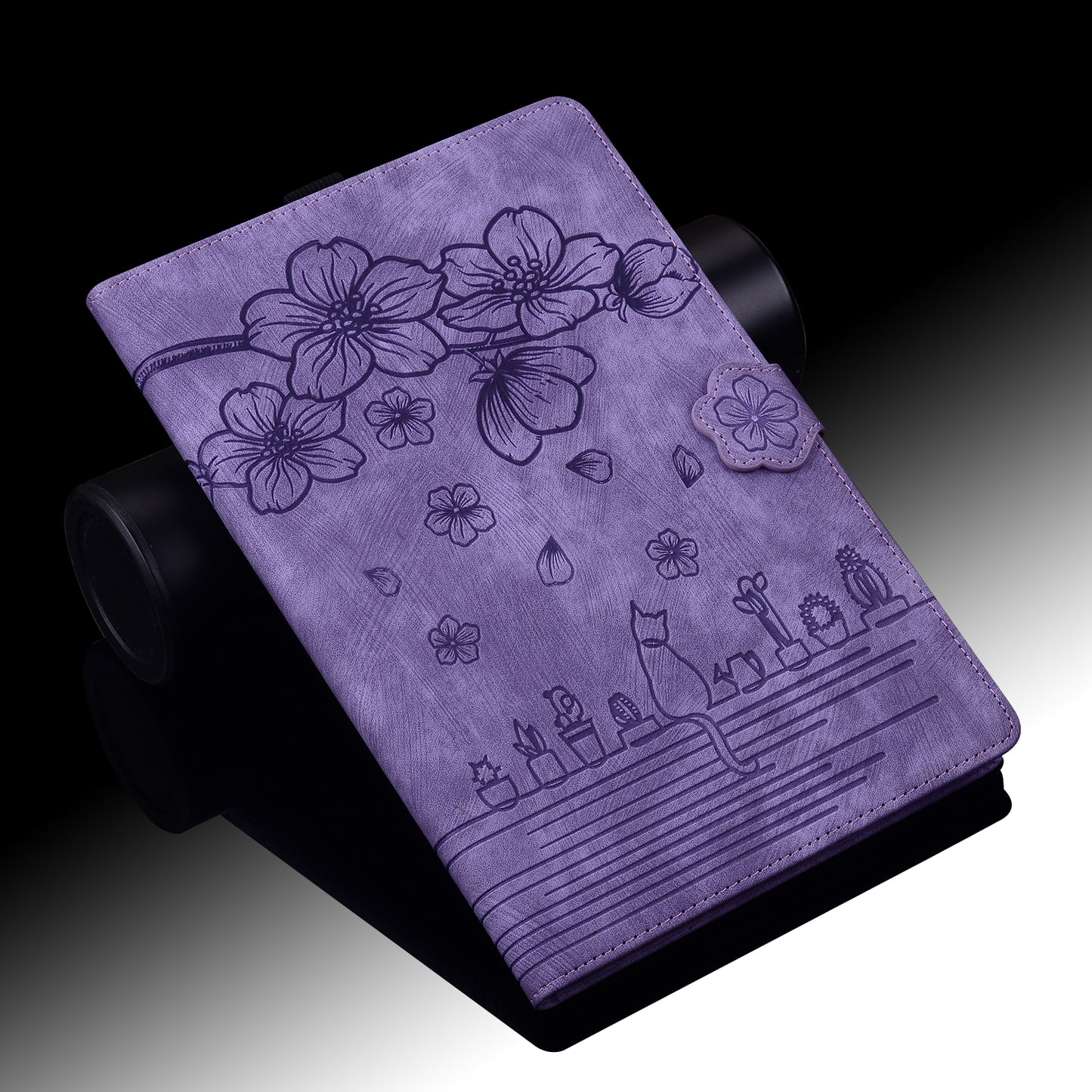 For Samsung Galaxy Tab S9 FE+ Leather Tablet Case Flower Cat Pattern Card Slots Cover - Purple