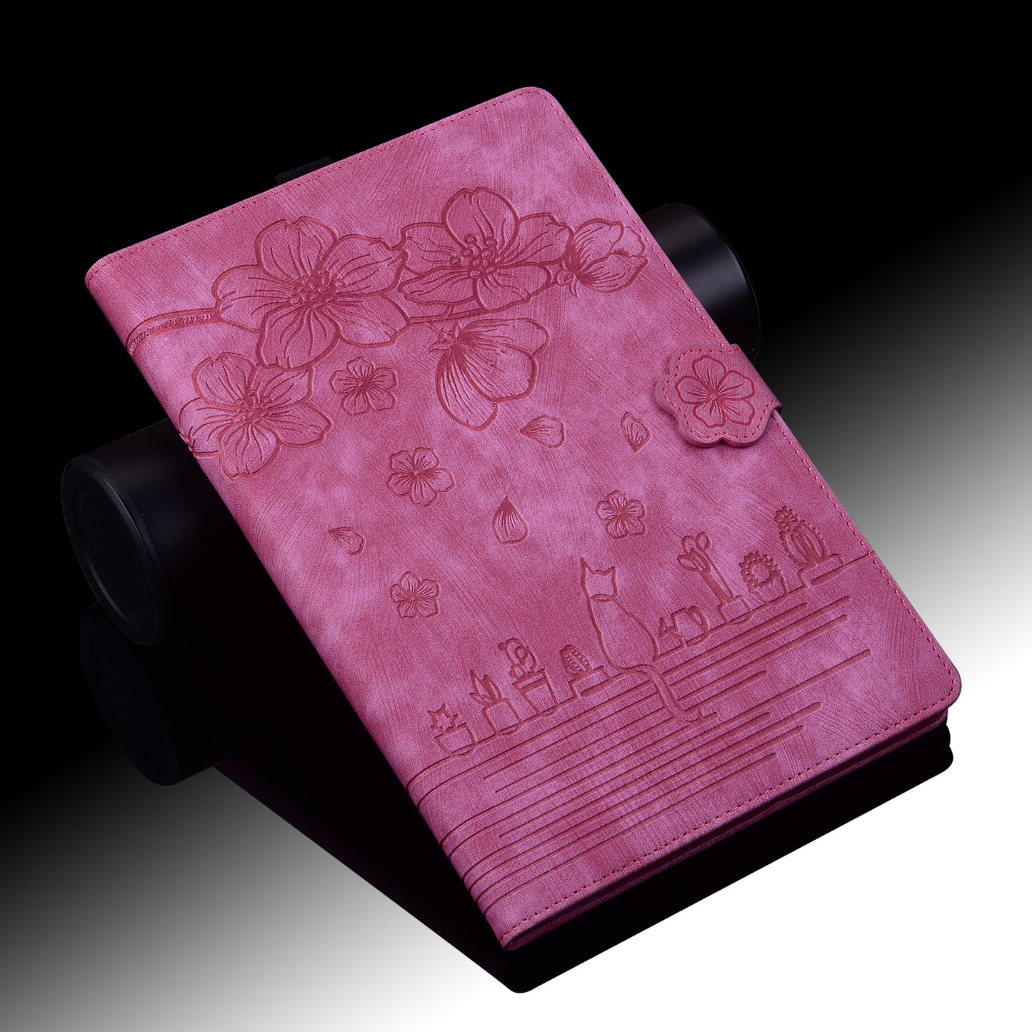 For Samsung Galaxy Tab S9 FE+ Leather Tablet Case Flower Cat Pattern Card Slots Cover - Rose