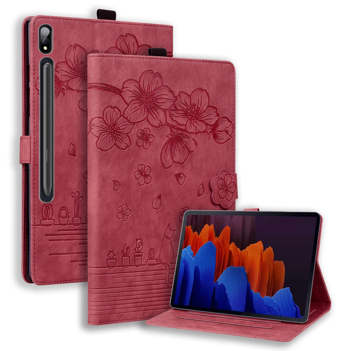 For Samsung Galaxy Tab S9 FE+ Leather Tablet Case Flower Cat Pattern Card Slots Cover - Wine Red
