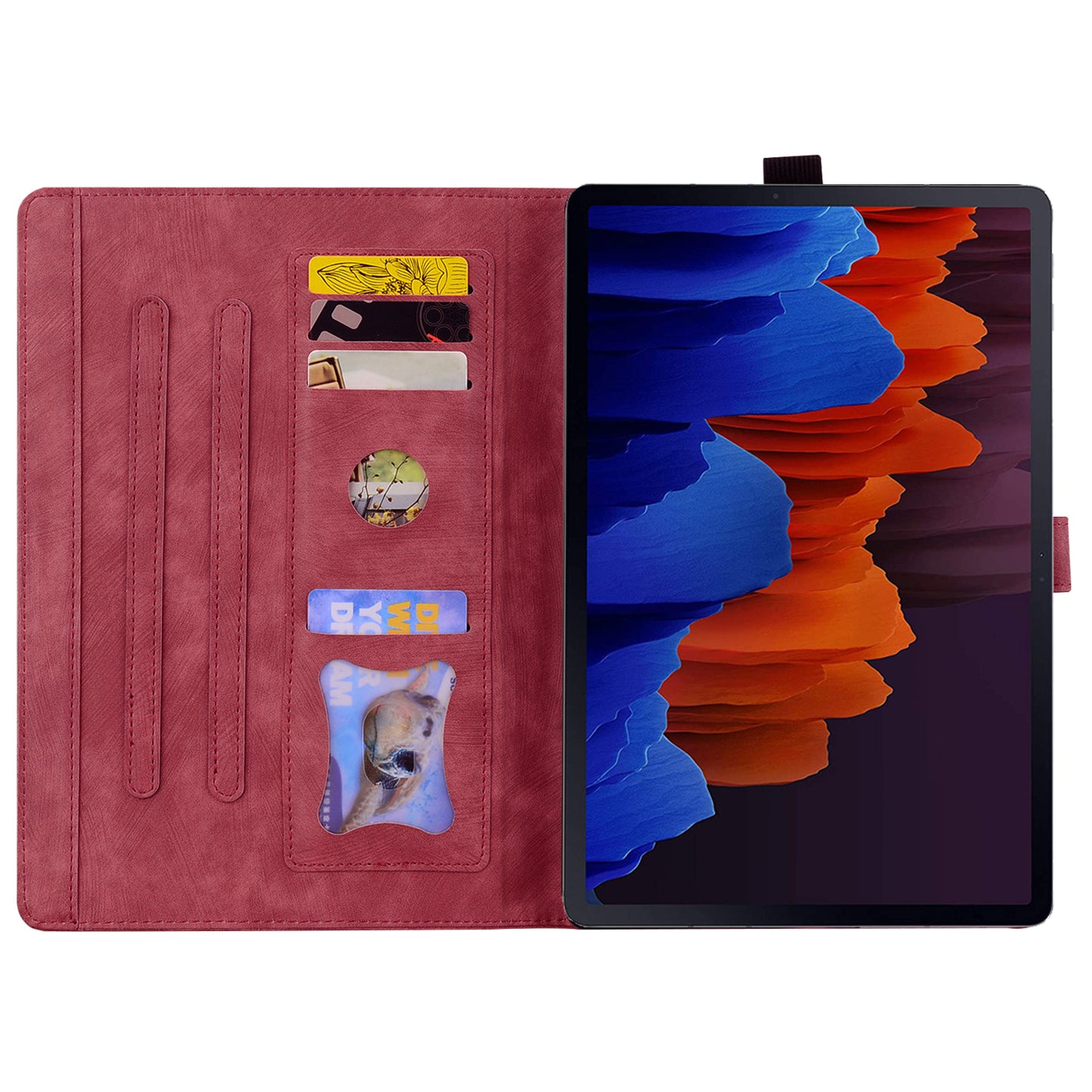 For Samsung Galaxy Tab S9 FE+ Leather Tablet Case Flower Cat Pattern Card Slots Cover - Wine Red