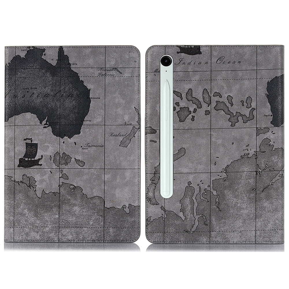 For Samsung Galaxy Tab S9 FE Protective Case Map Pattern PU Leather Tablet Wallet Cover - Grey
