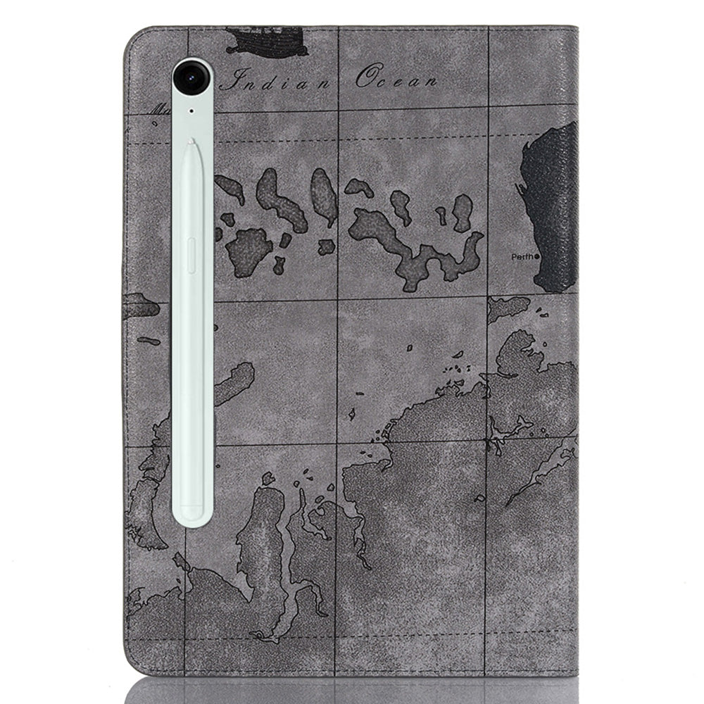 For Samsung Galaxy Tab S9 FE Protective Case Map Pattern PU Leather Tablet Wallet Cover - Grey