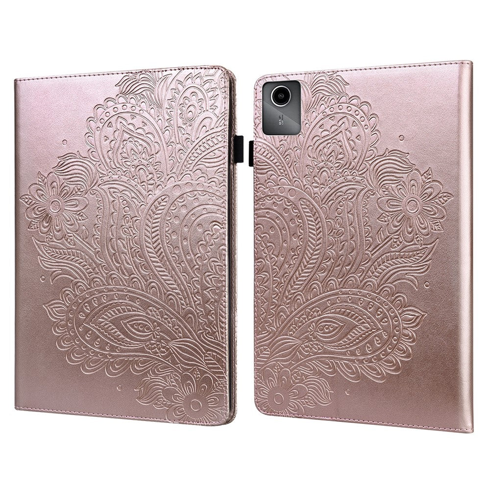For Lenovo Tab M11 / Xiaoxin Pad 11 2024 Case Flower Pattern PU Leather Stand Tablet Cover - Rose Gold