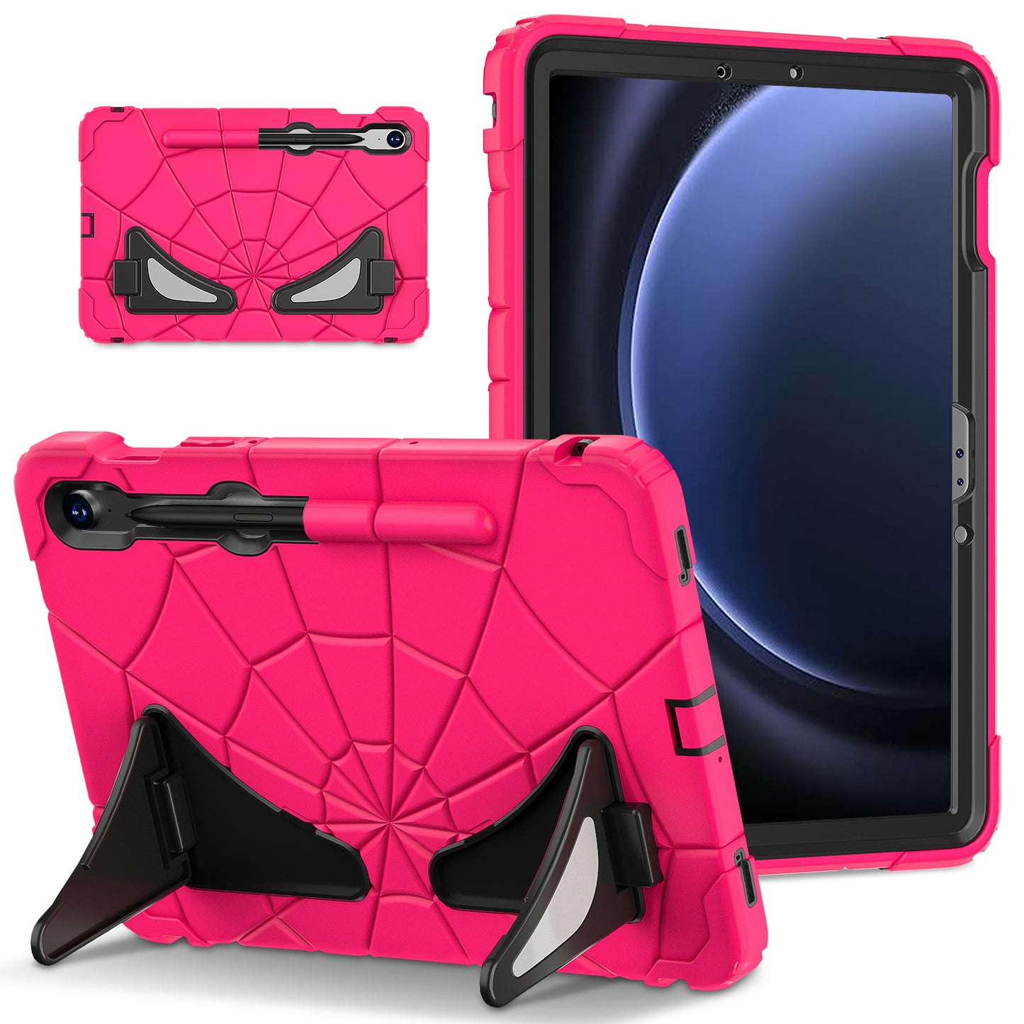 For Samsung Galaxy Tab S7 / S8 / S9 SM-X710 / S9 FE Case Spider Web Silicone+PC Rugged Protective Cover - Hot Pink+Black