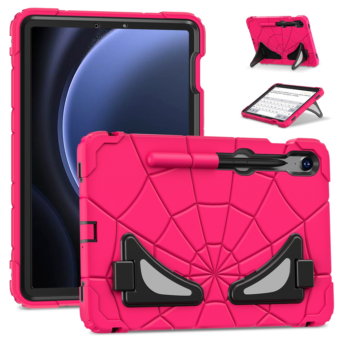 For Samsung Galaxy Tab S7 / S8 / S9 SM-X710 / S9 FE Case Spider Web Silicone+PC Rugged Protective Cover - Hot Pink+Black