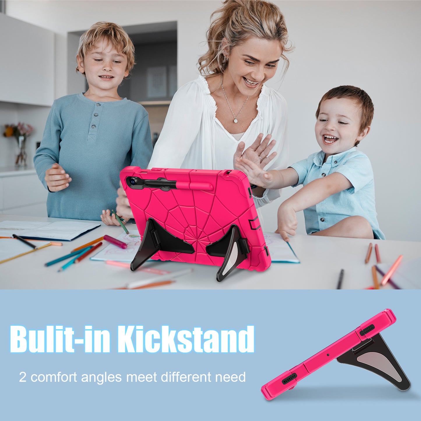 For Samsung Galaxy Tab S7 / S8 / S9 SM-X710 / S9 FE Case Spider Web Silicone+PC Rugged Protective Cover - Hot Pink+Black