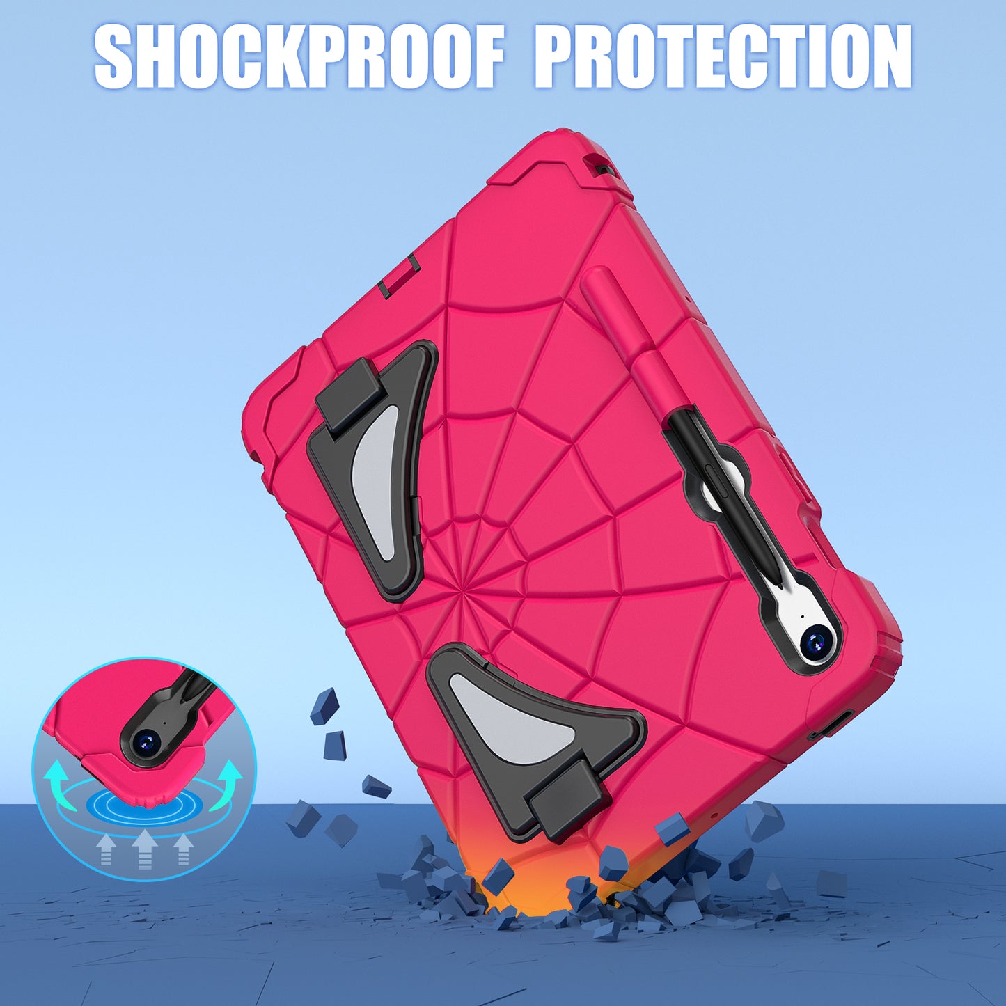 For Samsung Galaxy Tab S7 / S8 / S9 SM-X710 / S9 FE Case Spider Web Silicone+PC Rugged Protective Cover - Hot Pink+Black