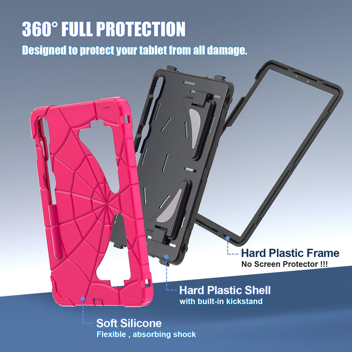 For Samsung Galaxy Tab S7 / S8 / S9 SM-X710 / S9 FE Case Spider Web Silicone+PC Rugged Protective Cover - Hot Pink+Black