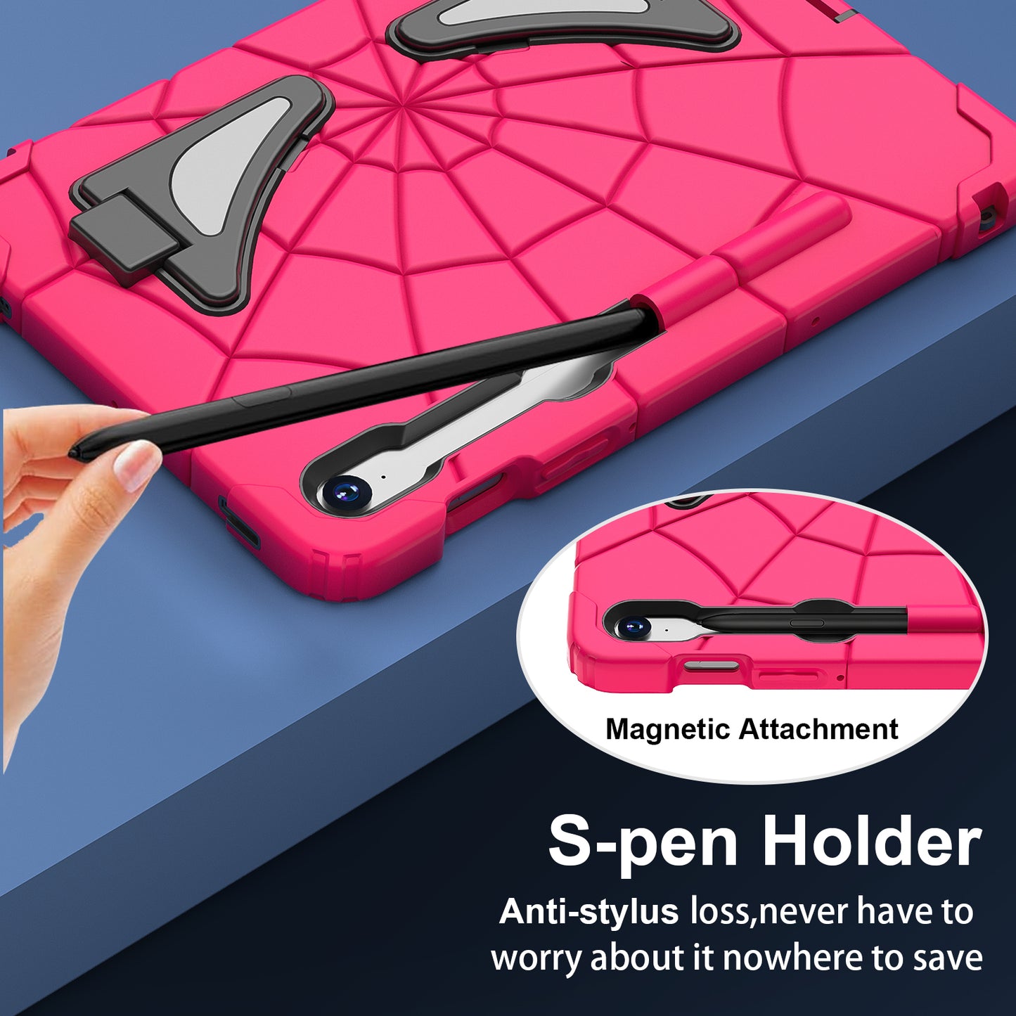 For Samsung Galaxy Tab S7 / S8 / S9 SM-X710 / S9 FE Case Spider Web Silicone+PC Rugged Protective Cover - Hot Pink+Black