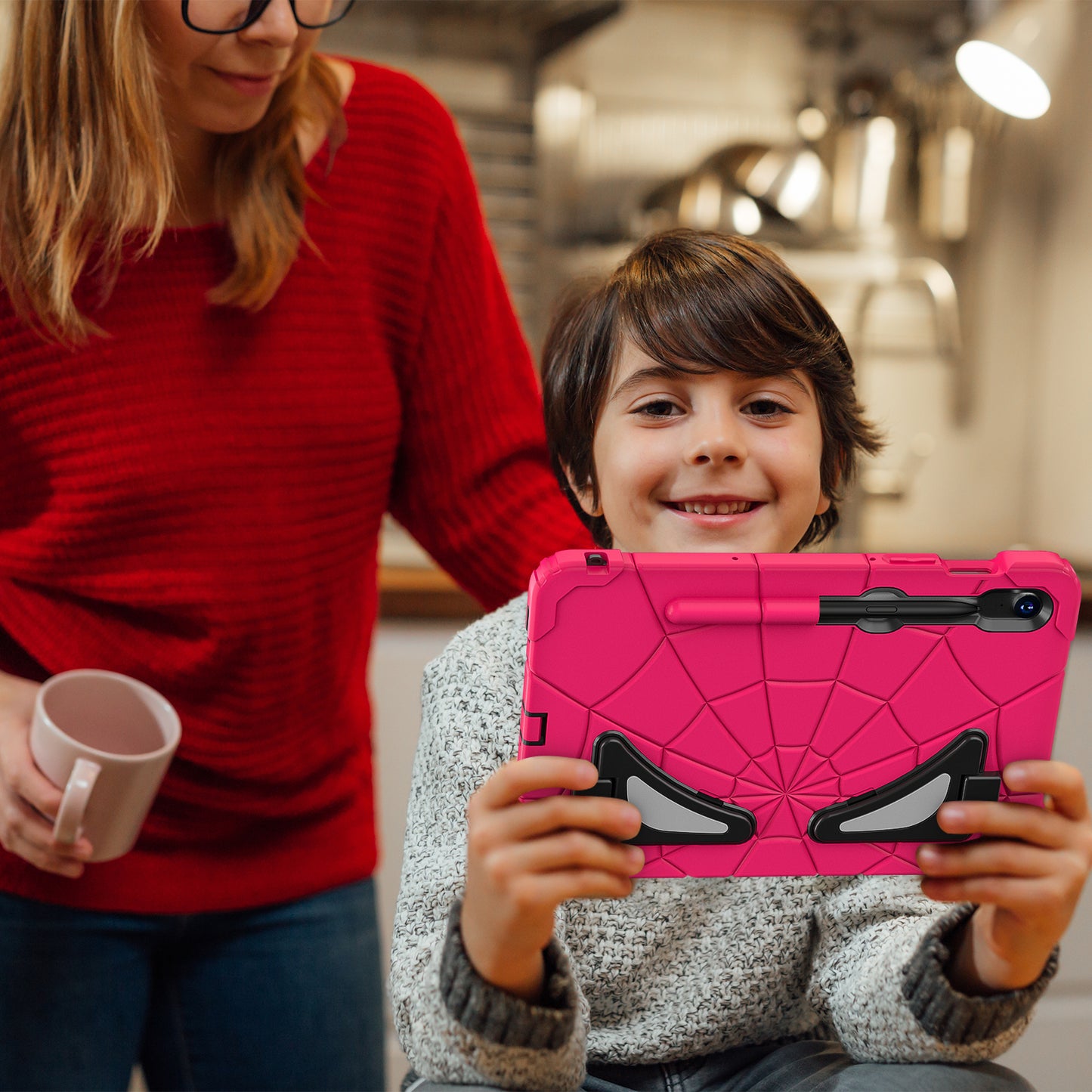 For Samsung Galaxy Tab S7 / S8 / S9 SM-X710 / S9 FE Case Spider Web Silicone+PC Rugged Protective Cover - Hot Pink+Black