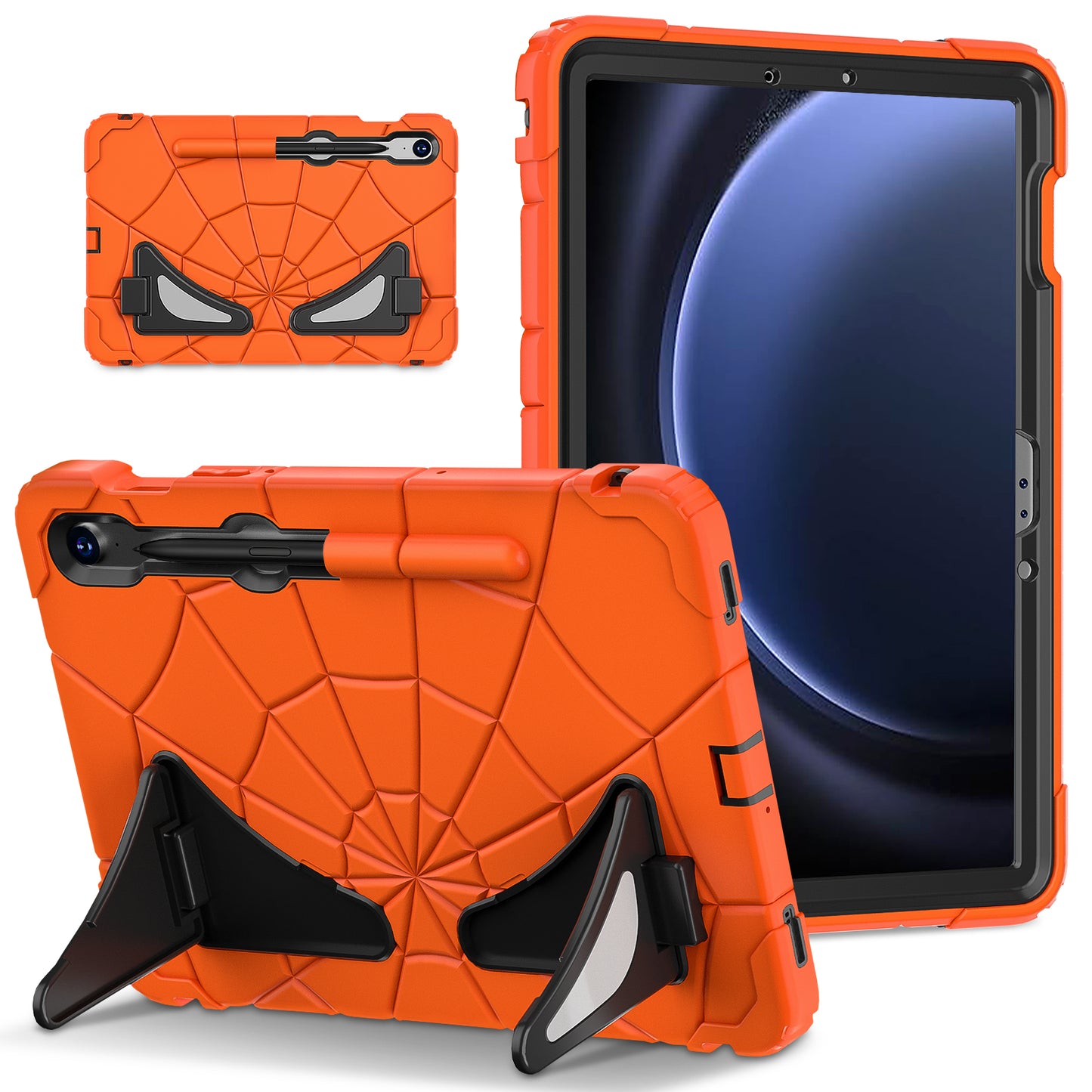 For Samsung Galaxy Tab S7 / S8 / S9 SM-X710 / S9 FE Case Spider Web Silicone+PC Rugged Protective Cover - Orange+Black