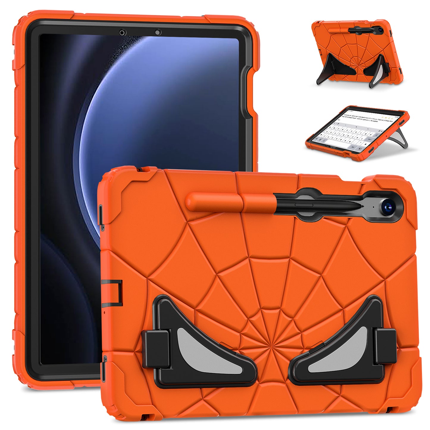 For Samsung Galaxy Tab S7 / S8 / S9 SM-X710 / S9 FE Case Spider Web Silicone+PC Rugged Protective Cover - Orange+Black