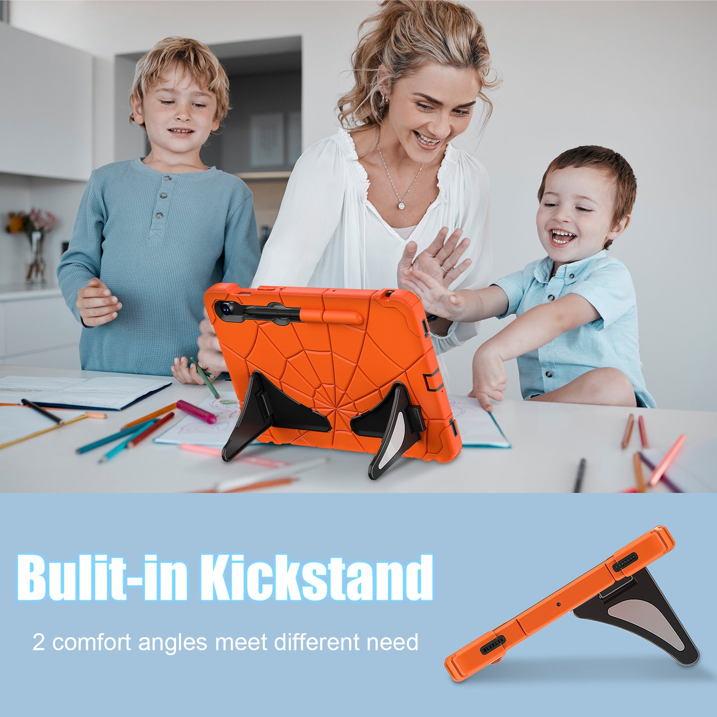 For Samsung Galaxy Tab S7 / S8 / S9 SM-X710 / S9 FE Case Spider Web Silicone+PC Rugged Protective Cover - Orange+Black