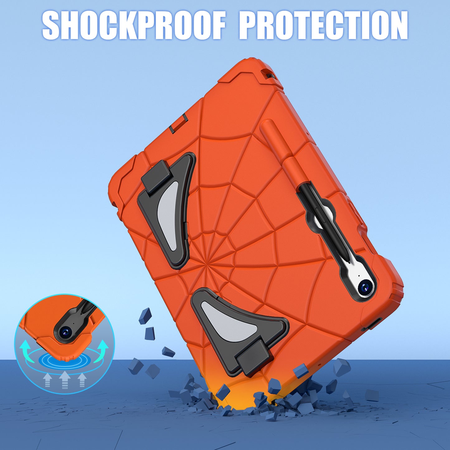For Samsung Galaxy Tab S7 / S8 / S9 SM-X710 / S9 FE Case Spider Web Silicone+PC Rugged Protective Cover - Orange+Black