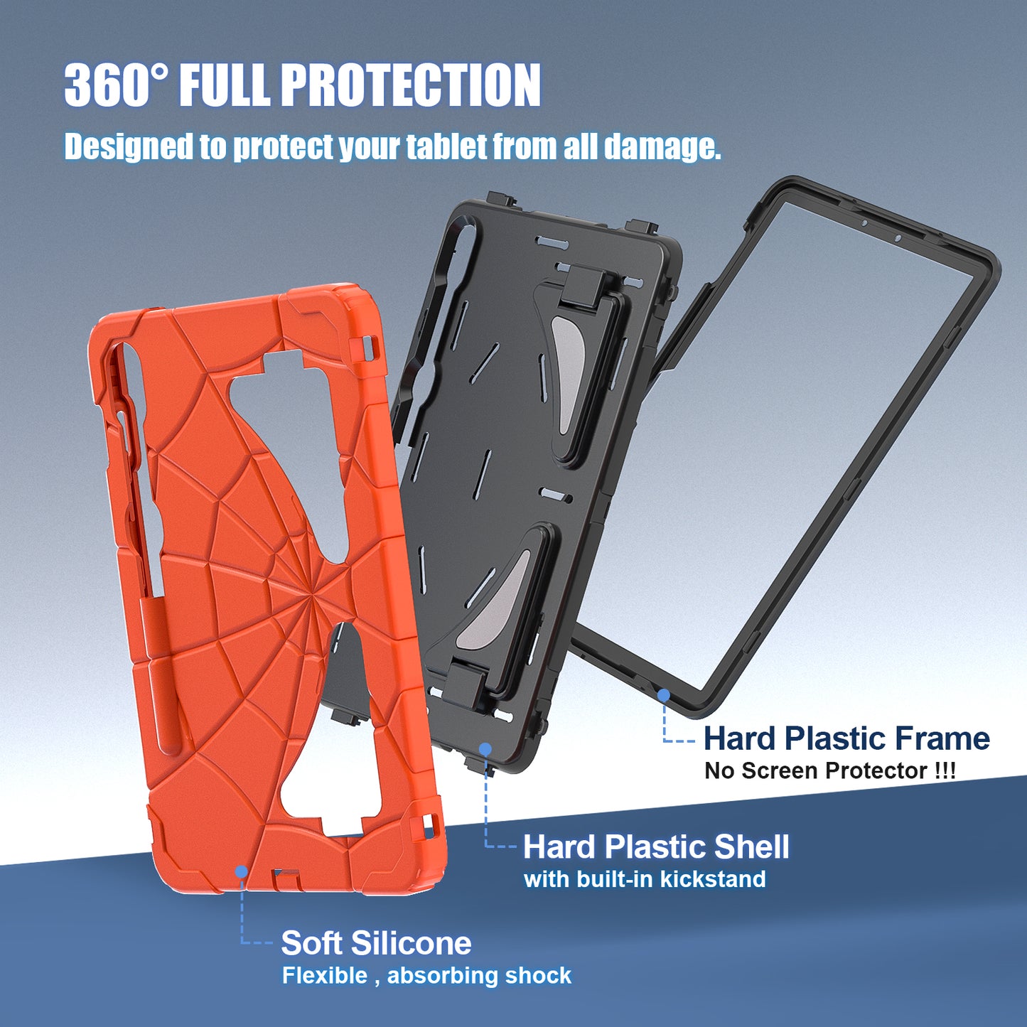 For Samsung Galaxy Tab S7 / S8 / S9 SM-X710 / S9 FE Case Spider Web Silicone+PC Rugged Protective Cover - Orange+Black