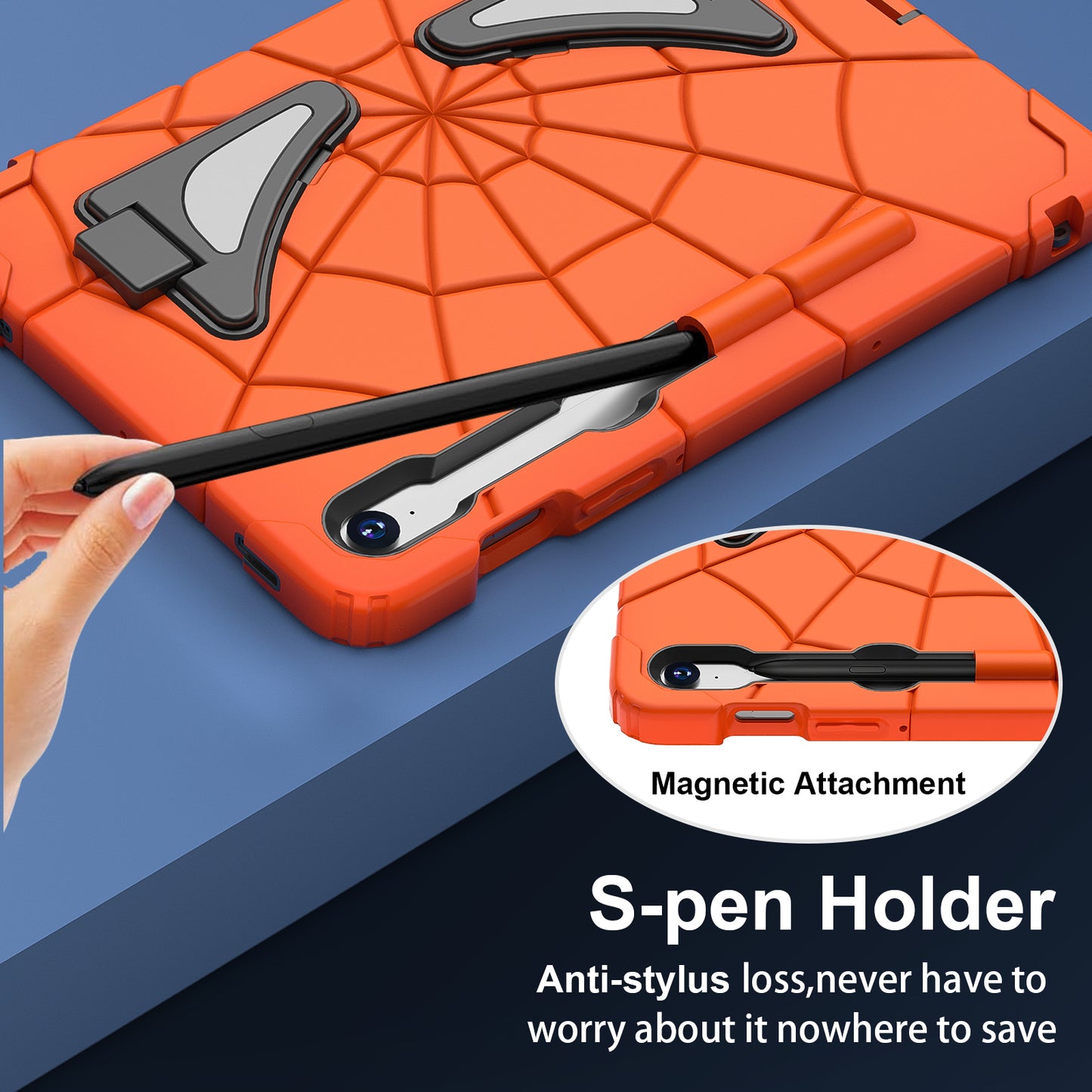 For Samsung Galaxy Tab S7 / S8 / S9 SM-X710 / S9 FE Case Spider Web Silicone+PC Rugged Protective Cover - Orange+Black