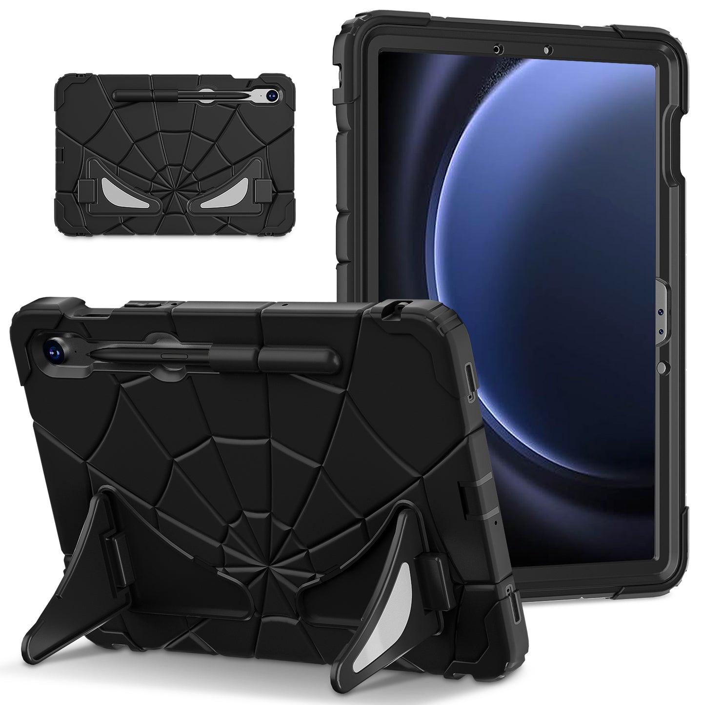 For Samsung Galaxy Tab S7 / S8 / S9 SM-X710 / S9 FE Case Spider Web Silicone+PC Rugged Protective Cover - Black+Black