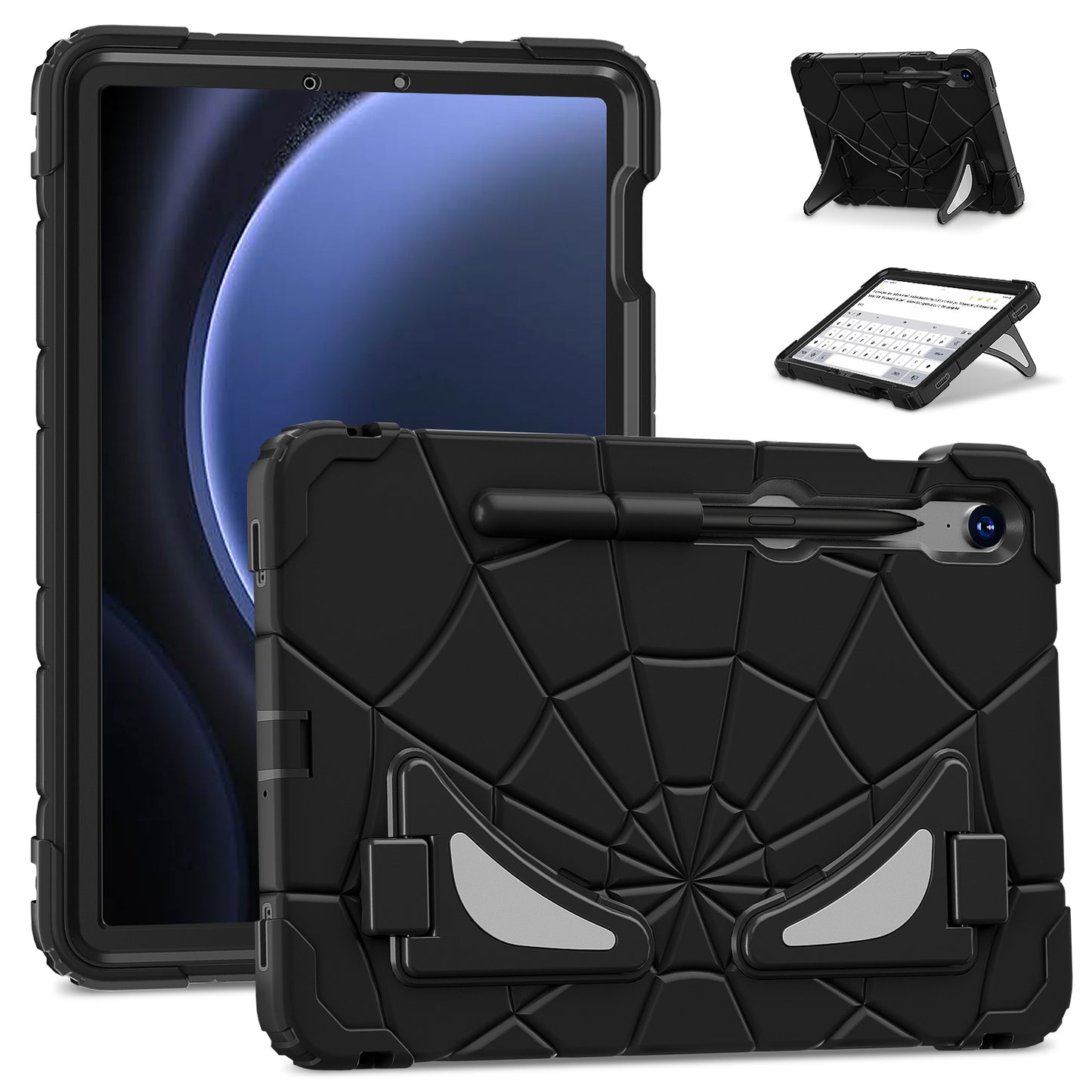 For Samsung Galaxy Tab S7 / S8 / S9 SM-X710 / S9 FE Case Spider Web Silicone+PC Rugged Protective Cover - Black+Black