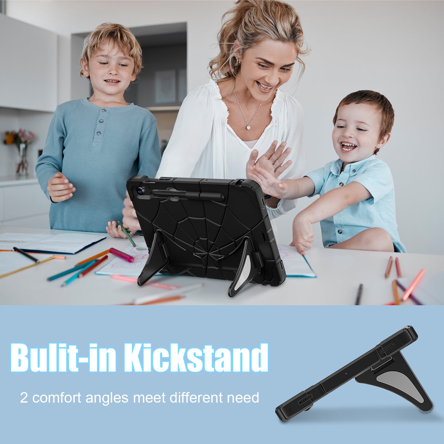 For Samsung Galaxy Tab S7 / S8 / S9 SM-X710 / S9 FE Case Spider Web Silicone+PC Rugged Protective Cover - Black+Black