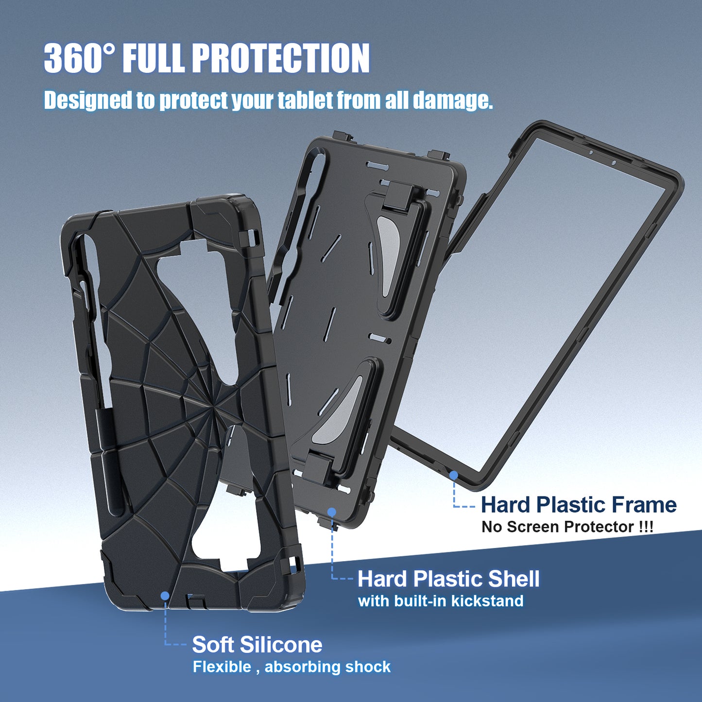 For Samsung Galaxy Tab S7 / S8 / S9 SM-X710 / S9 FE Case Spider Web Silicone+PC Rugged Protective Cover - Black+Black