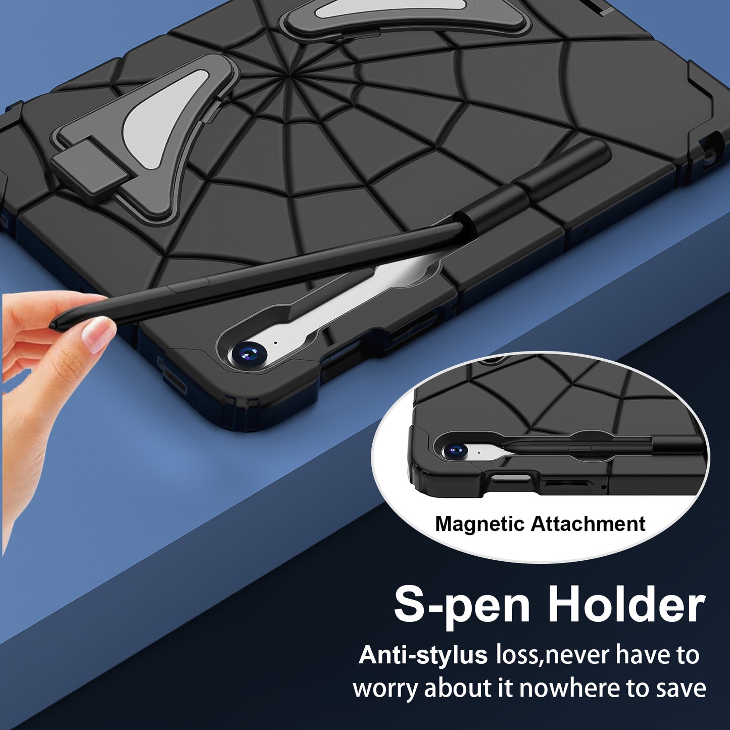 For Samsung Galaxy Tab S7 / S8 / S9 SM-X710 / S9 FE Case Spider Web Silicone+PC Rugged Protective Cover - Black+Black