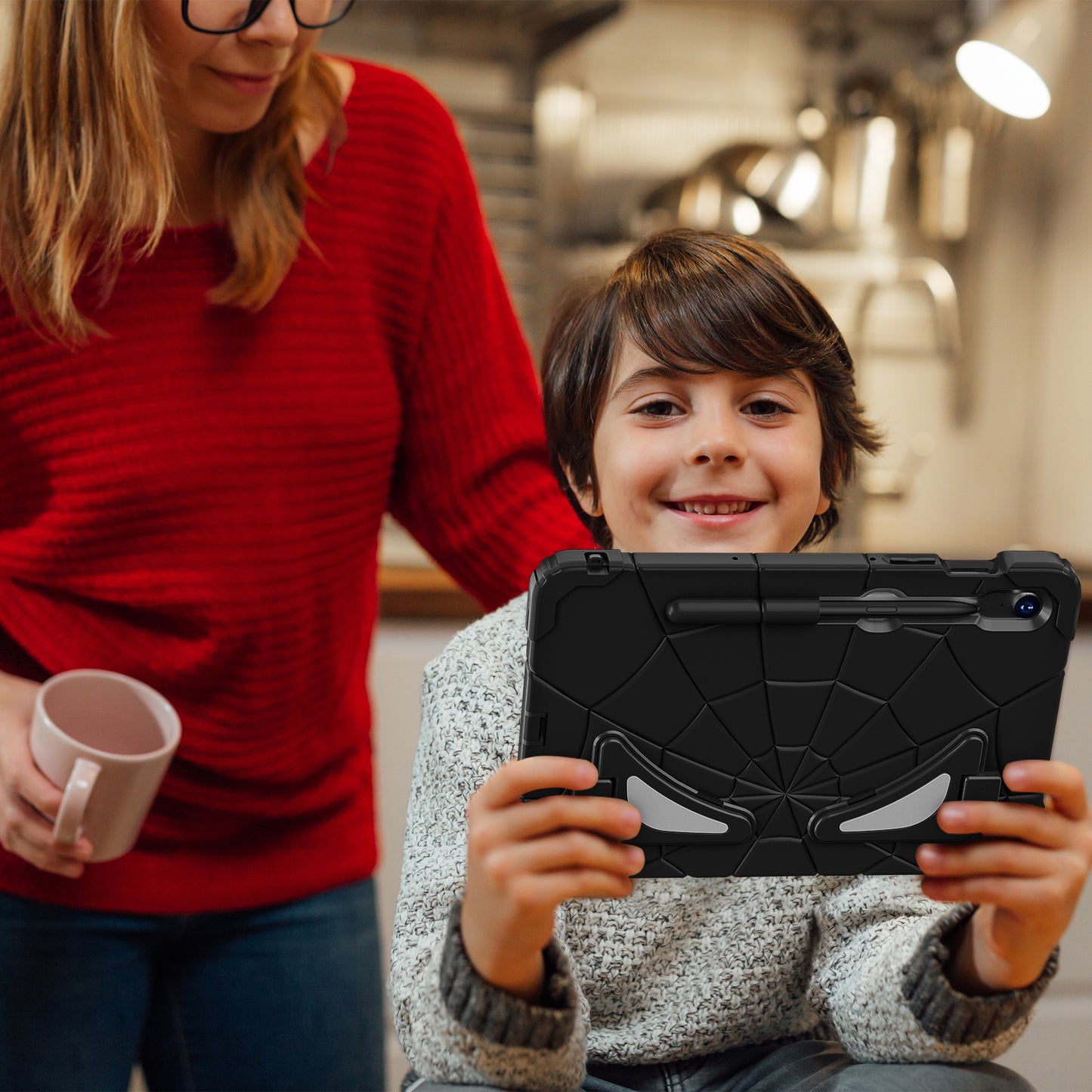 For Samsung Galaxy Tab S7 / S8 / S9 SM-X710 / S9 FE Case Spider Web Silicone+PC Rugged Protective Cover - Black+Black