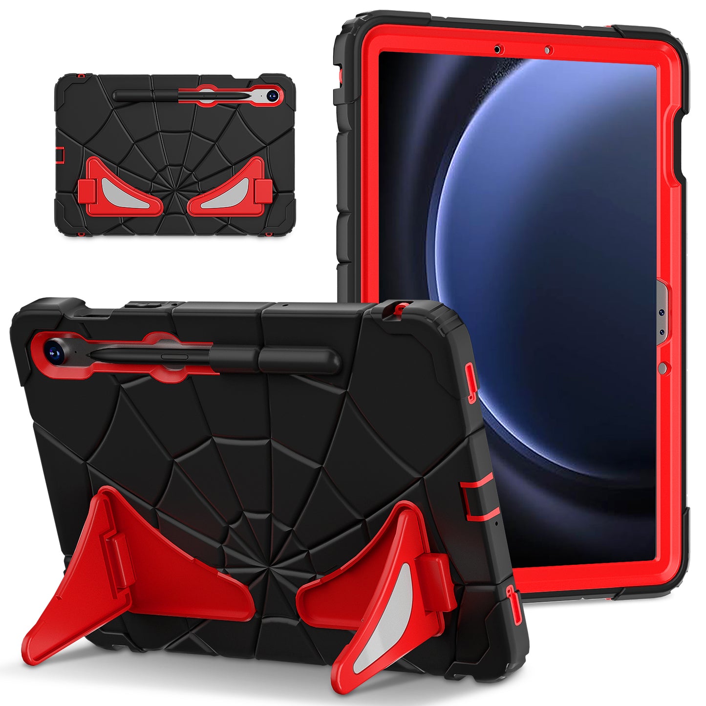 For Samsung Galaxy Tab S7 / S8 / S9 SM-X710 / S9 FE Case Spider Web Silicone+PC Rugged Protective Cover - Black+Red