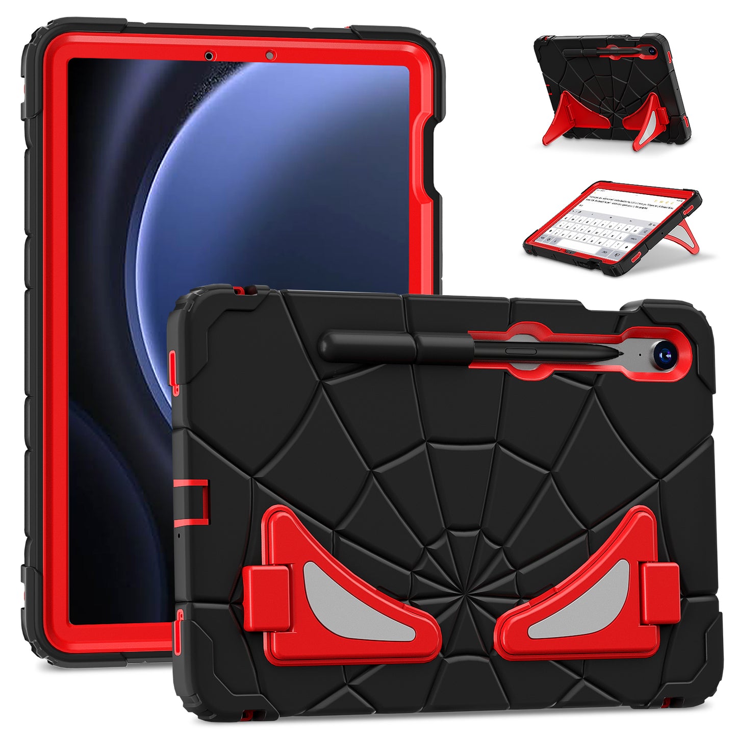 For Samsung Galaxy Tab S7 / S8 / S9 SM-X710 / S9 FE Case Spider Web Silicone+PC Rugged Protective Cover - Black+Red