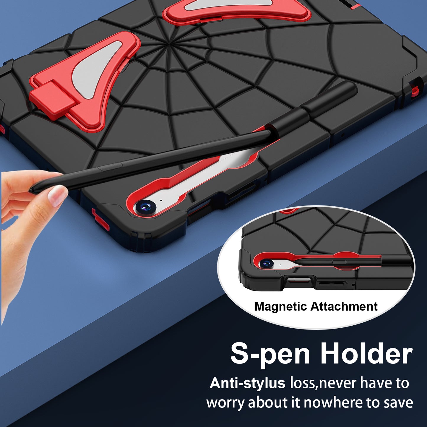 For Samsung Galaxy Tab S7 / S8 / S9 SM-X710 / S9 FE Case Spider Web Silicone+PC Rugged Protective Cover - Black+Red