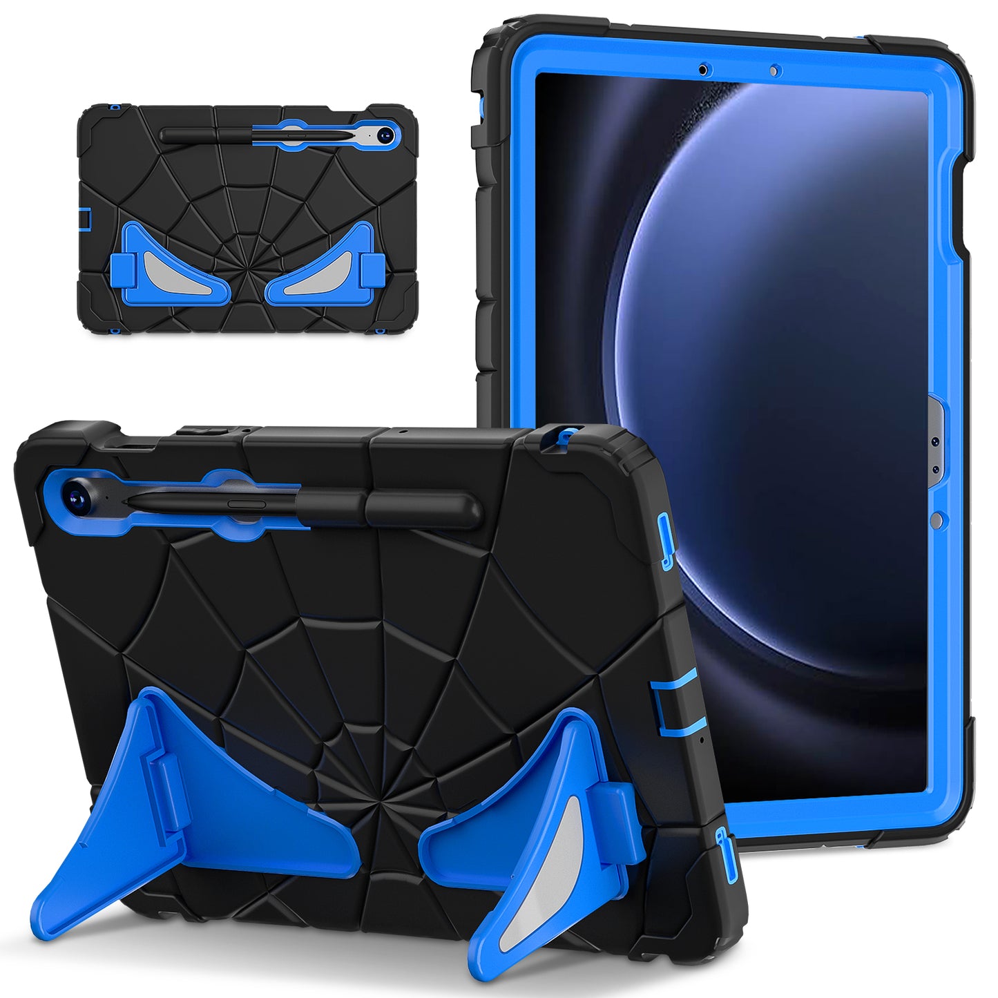 For Samsung Galaxy Tab S7 / S8 / S9 SM-X710 / S9 FE Case Spider Web Silicone+PC Rugged Protective Cover - Black+Blue