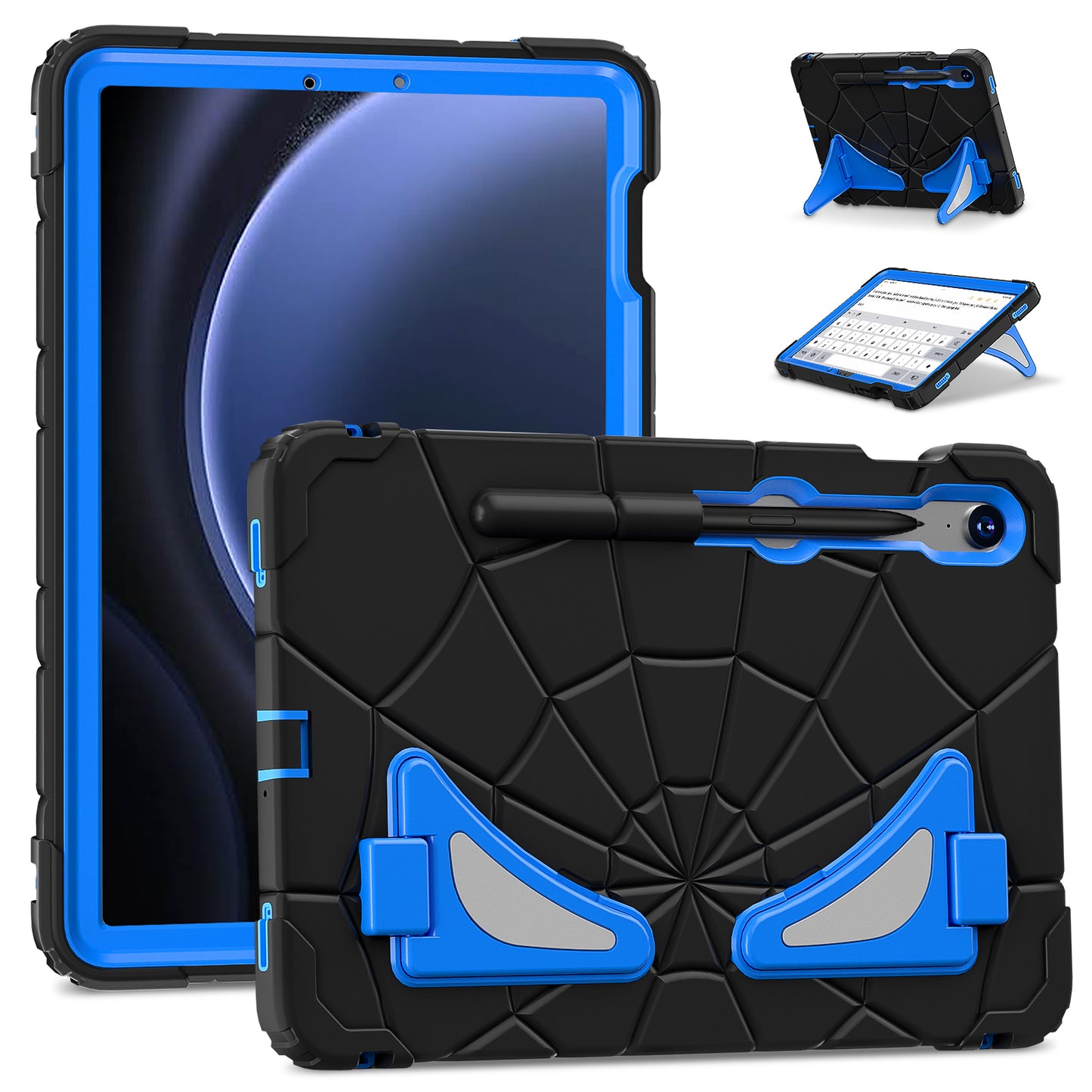For Samsung Galaxy Tab S7 / S8 / S9 SM-X710 / S9 FE Case Spider Web Silicone+PC Rugged Protective Cover - Black+Blue