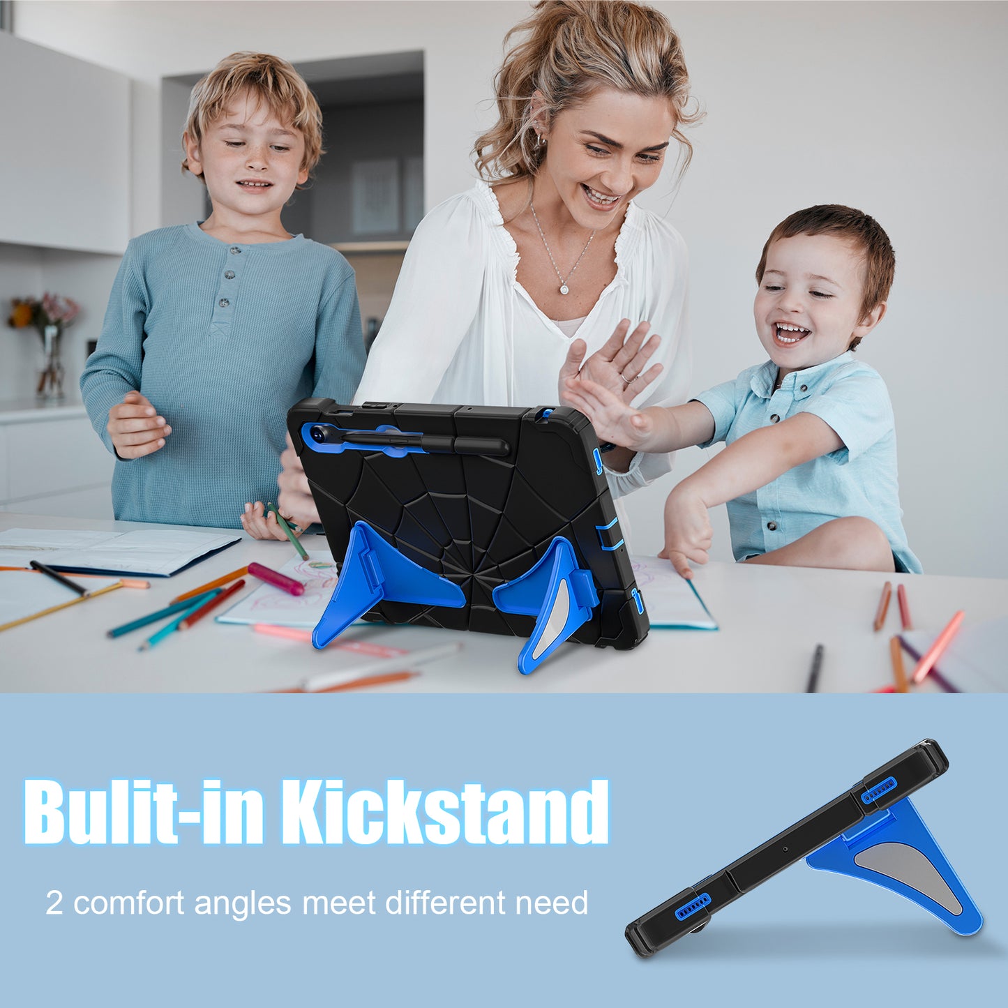 For Samsung Galaxy Tab S7 / S8 / S9 SM-X710 / S9 FE Case Spider Web Silicone+PC Rugged Protective Cover - Black+Blue