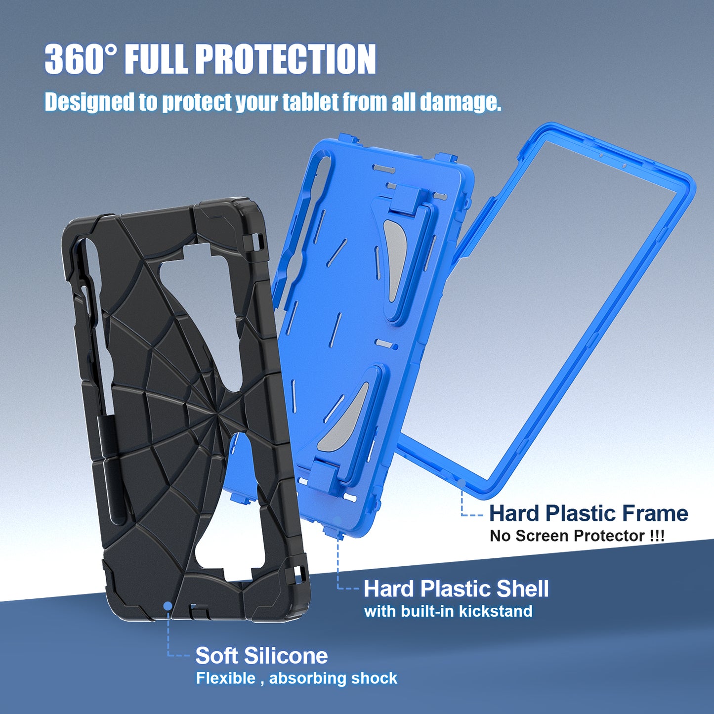 For Samsung Galaxy Tab S7 / S8 / S9 SM-X710 / S9 FE Case Spider Web Silicone+PC Rugged Protective Cover - Black+Blue