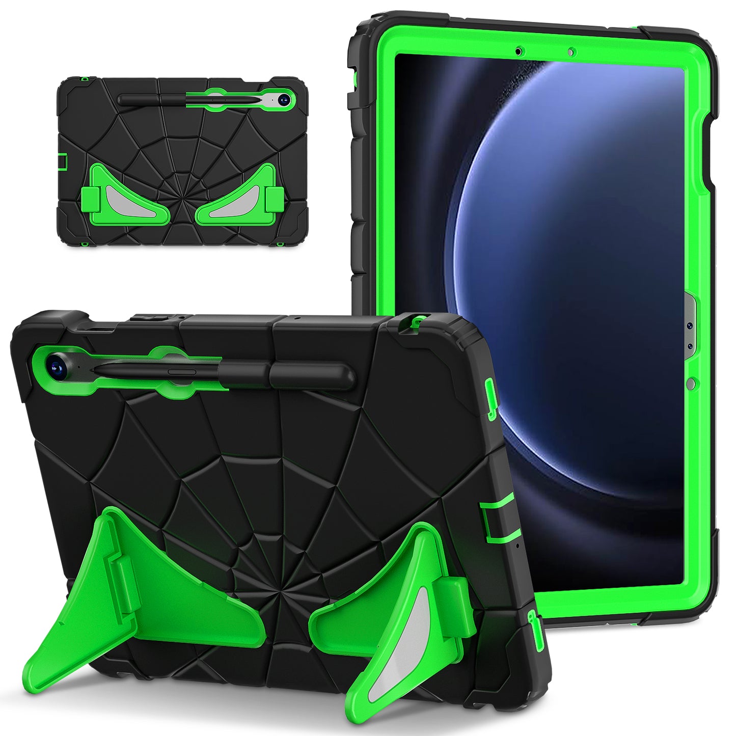 For Samsung Galaxy Tab S7 / S8 / S9 SM-X710 / S9 FE Case Spider Web Silicone+PC Rugged Protective Cover - Black+Green
