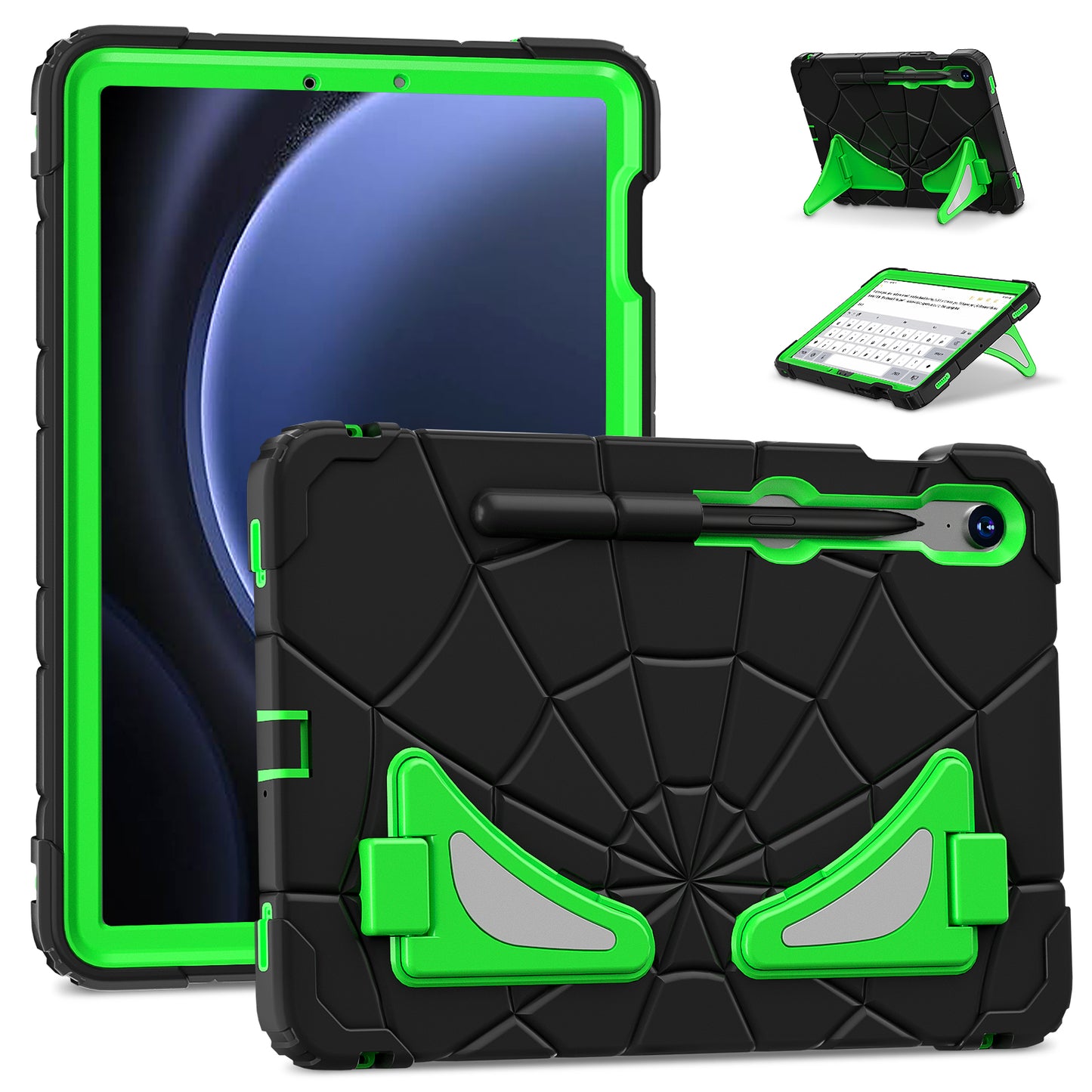 For Samsung Galaxy Tab S7 / S8 / S9 SM-X710 / S9 FE Case Spider Web Silicone+PC Rugged Protective Cover - Black+Green