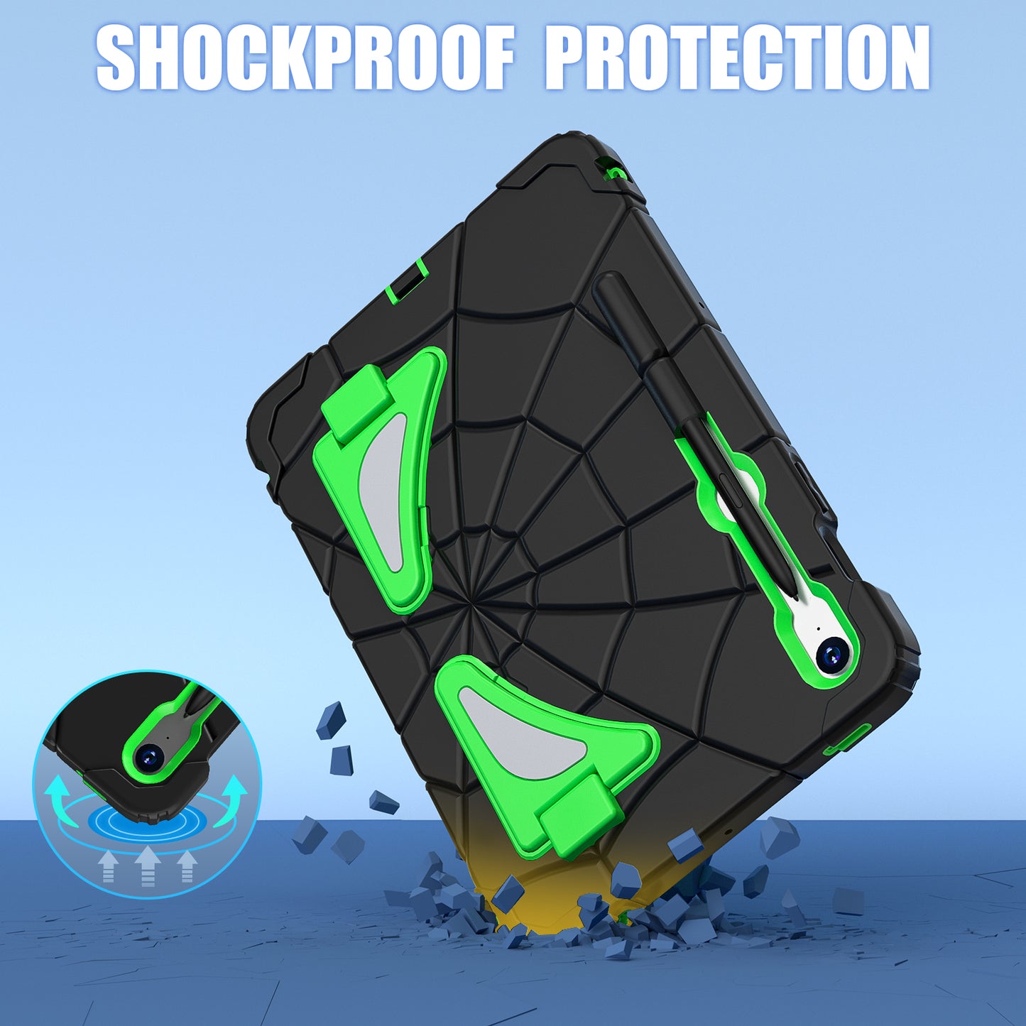 For Samsung Galaxy Tab S7 / S8 / S9 SM-X710 / S9 FE Case Spider Web Silicone+PC Rugged Protective Cover - Black+Green