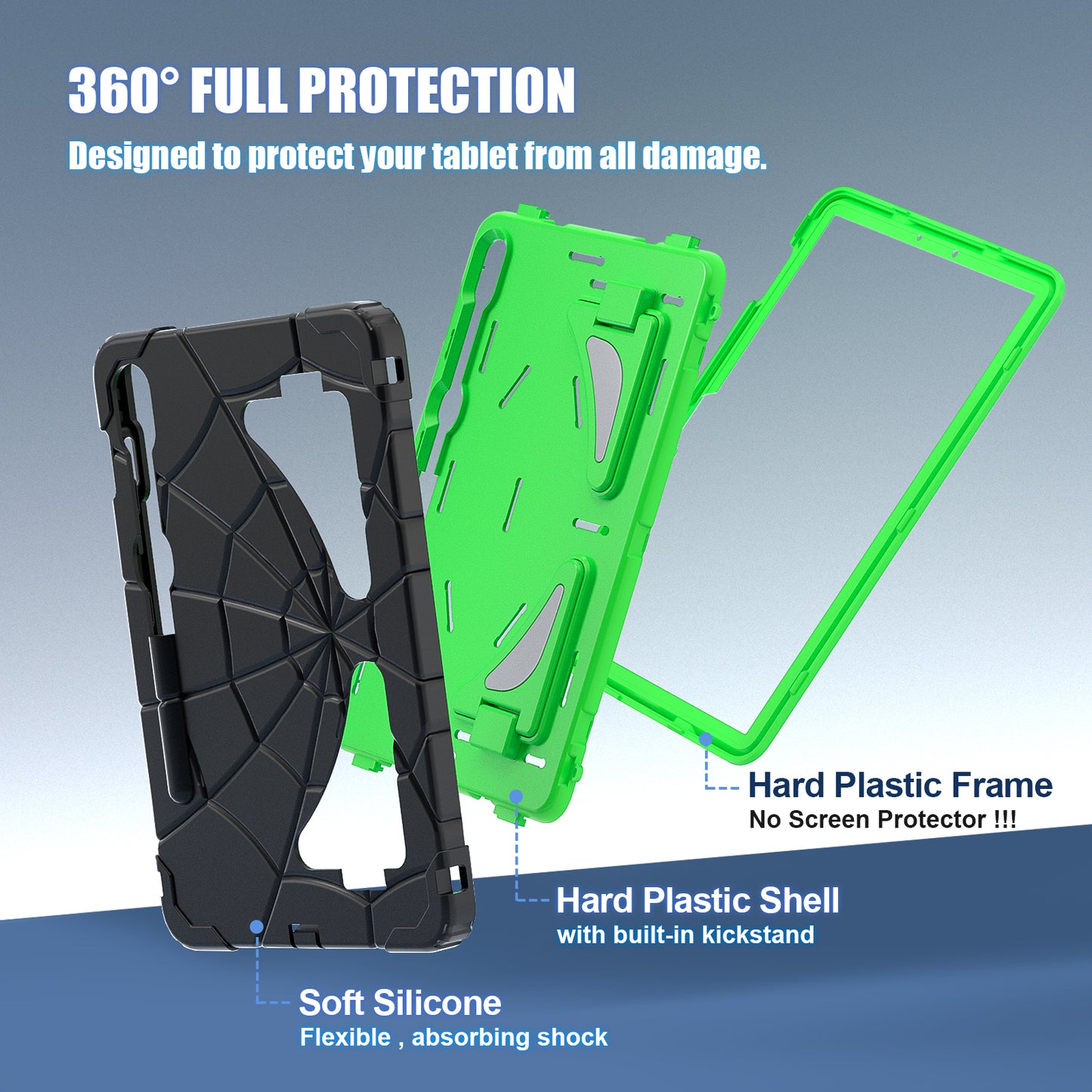 For Samsung Galaxy Tab S7 / S8 / S9 SM-X710 / S9 FE Case Spider Web Silicone+PC Rugged Protective Cover - Black+Green
