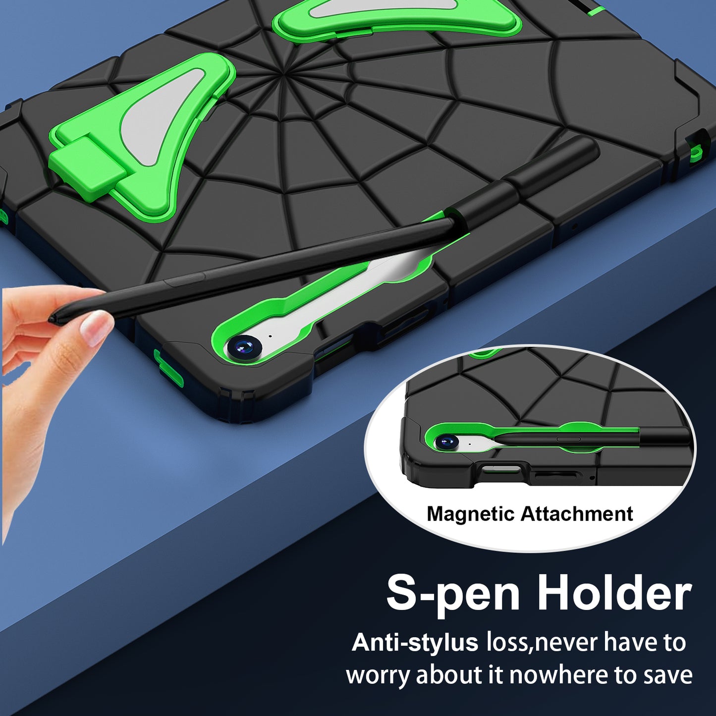 For Samsung Galaxy Tab S7 / S8 / S9 SM-X710 / S9 FE Case Spider Web Silicone+PC Rugged Protective Cover - Black+Green