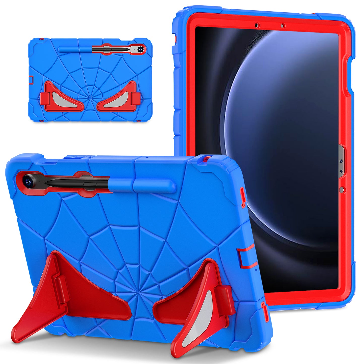 For Samsung Galaxy Tab S7 / S8 / S9 SM-X710 / S9 FE Case Spider Web Silicone+PC Rugged Protective Cover - Blue+Red