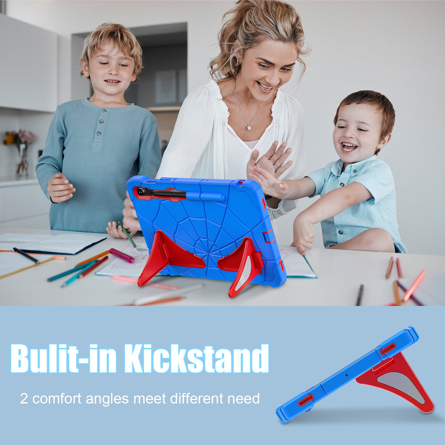 For Samsung Galaxy Tab S7 / S8 / S9 SM-X710 / S9 FE Case Spider Web Silicone+PC Rugged Protective Cover - Blue+Red